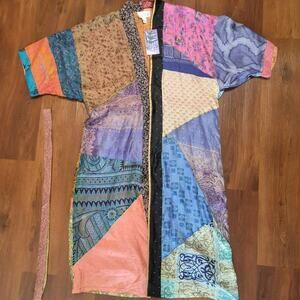 Sacred Threads Vintage 100% Silk Patchwork Long Kimono M